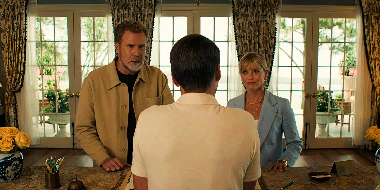 Will Ferrell and Reese Witherspoon stare down Jack McBrayer, seen from the back, in Youre Cordially Invited
