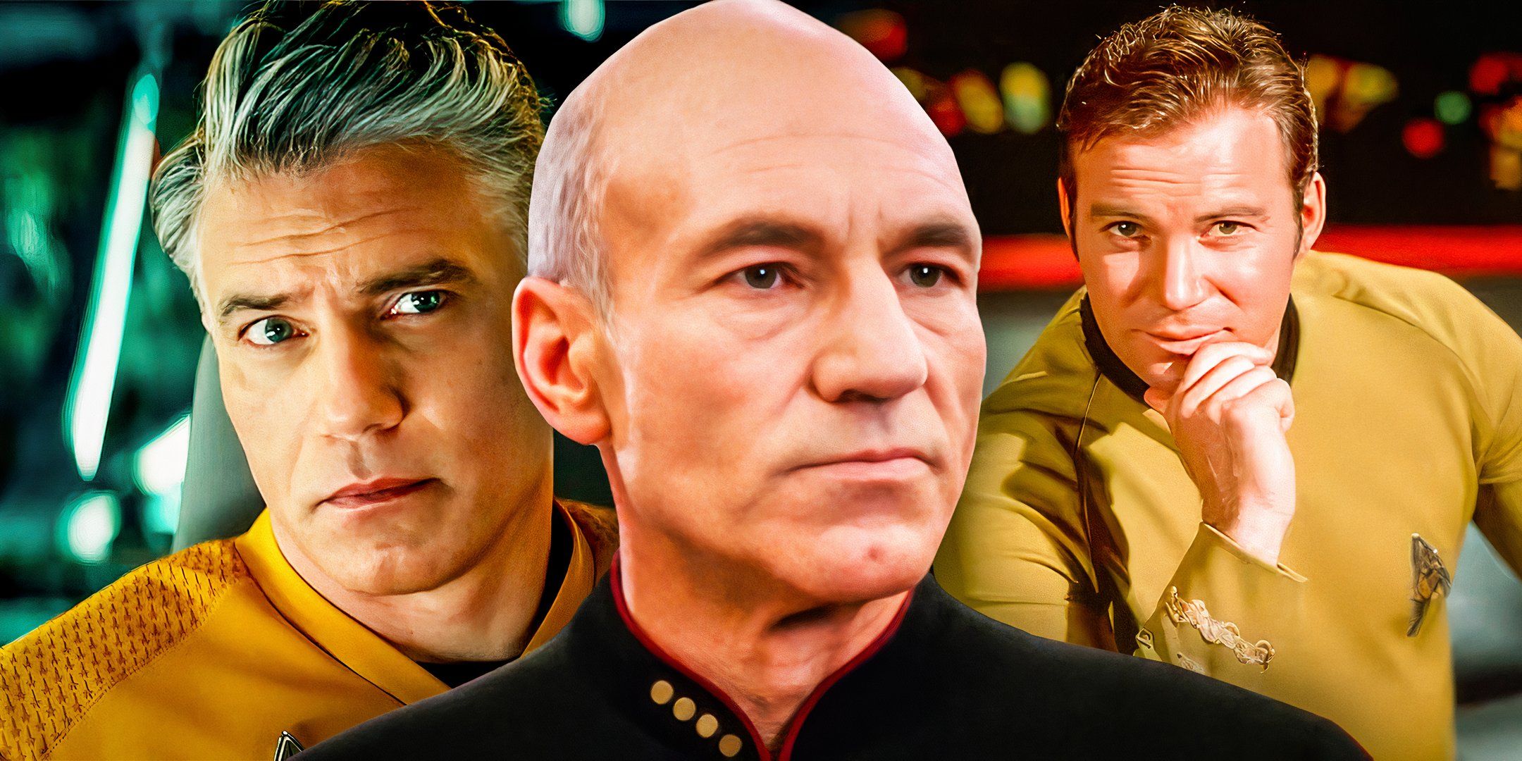 Captain Christopher Pike, Captain Jean-Luc Picard, and Captain James T. Kirk of Star Trek.