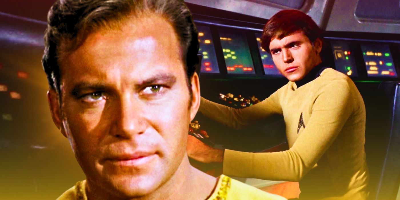 William Shatner mean as Captain Kirk and Walter Koenig behind him on a console in Star Trek.