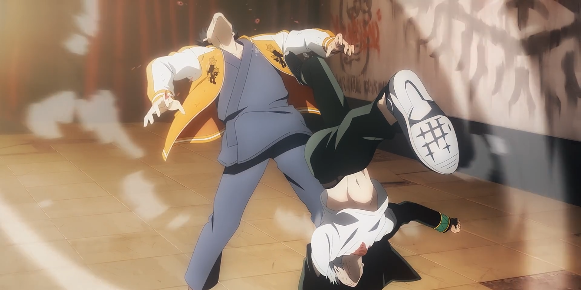 Haruka flips backwards while kicking Togame in the head hard enough to wrench his head back.