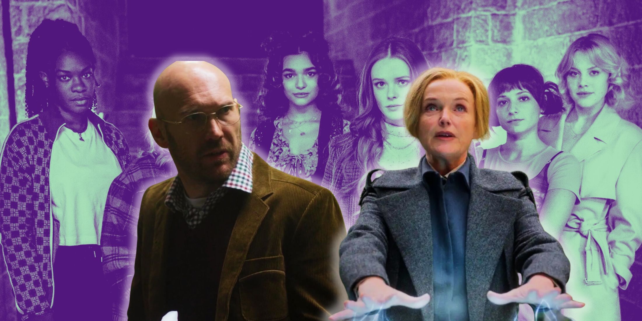 A custom image features Fate: The Winx Saga actors Alex Maqueen as Professor Harvey in season 1 and Miranda Richardson as Rosalind in season 2 over the main cast of characters tinted mint