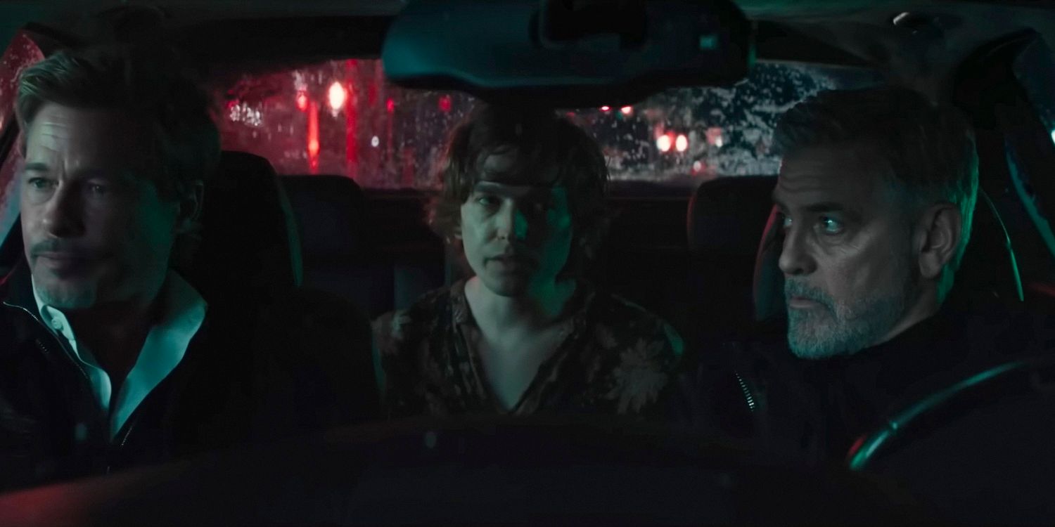 Em um carro, Nick (Brad Pitt), (Austin Abrams) e Jack (George Clooney) em WOLFS