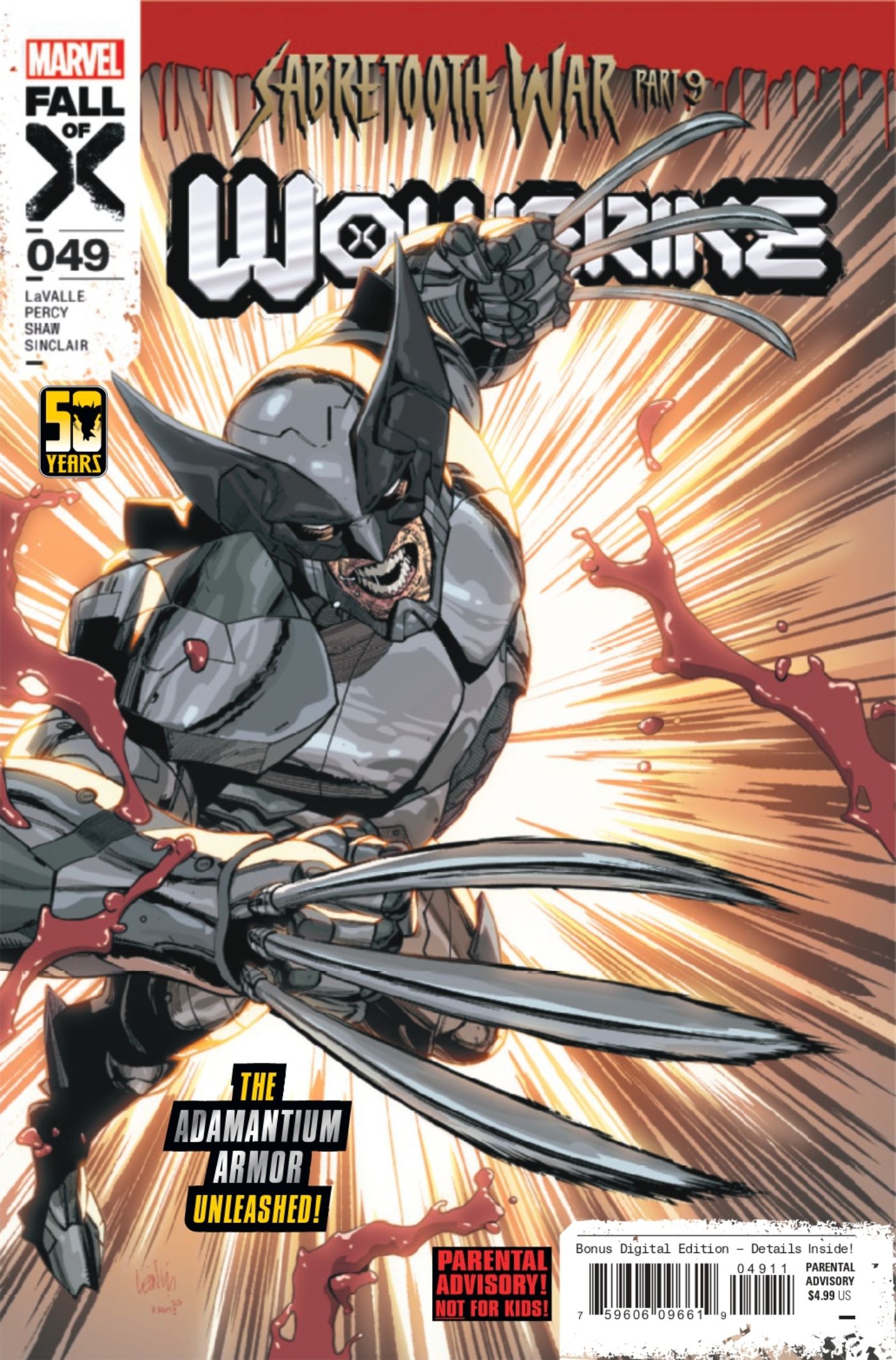 Capa de Wolverine #49 com Wolverine em seu traje de adamantium.