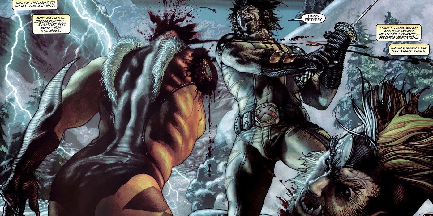 Wolverine cutting Sabretooth's head off.