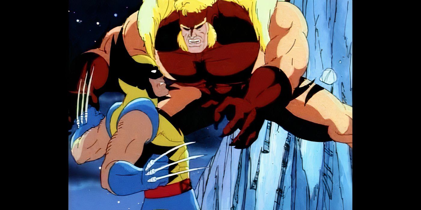 Wolverine fighting Sabretooth in _Cold Vengeance_ in X-Men_ The Animated Series