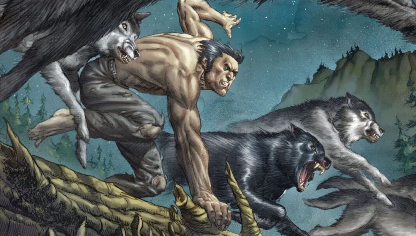 Wolverine correndo com lobos