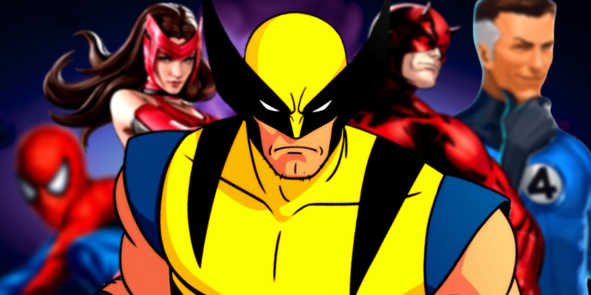 Wolverine Scowling in X-Men 97 with Daredevil, Scarlet Witch, Spider-Man, and Mister Fantastic in the Background