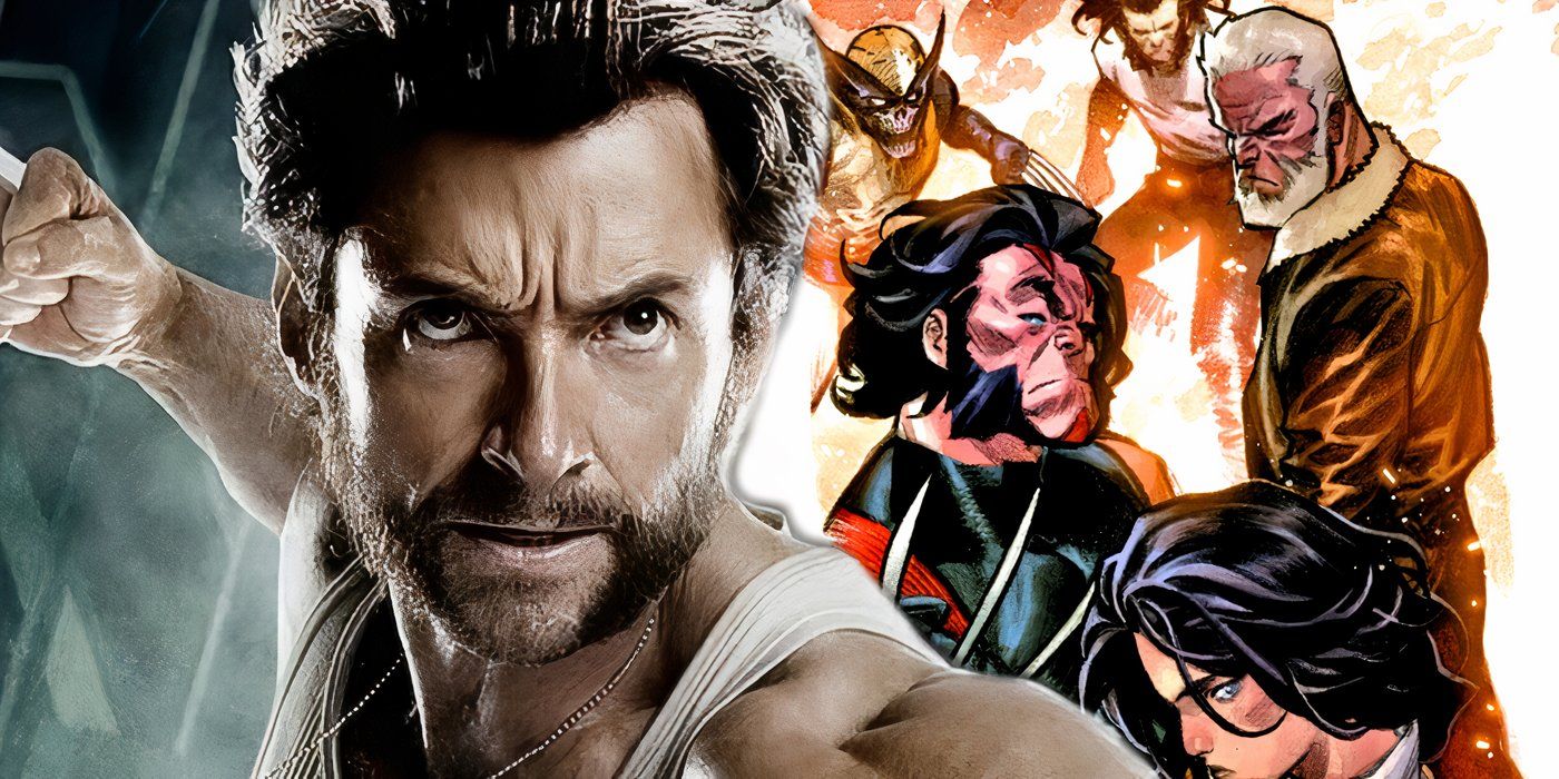 Hugh Jackman's Wolverine with the Weapon X-Men Wolverines behind him.