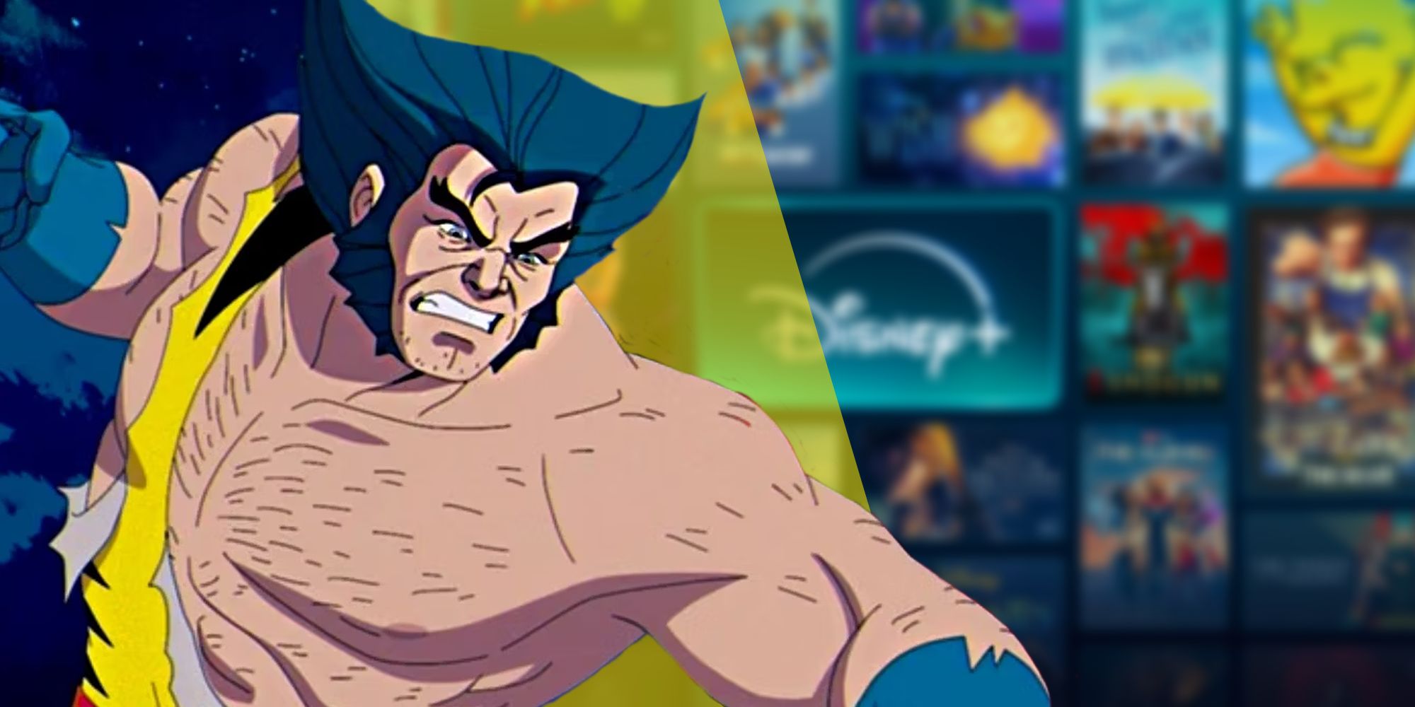 Wolverine snarling in X-Men '97 (2024) next to the homepage for Disney+