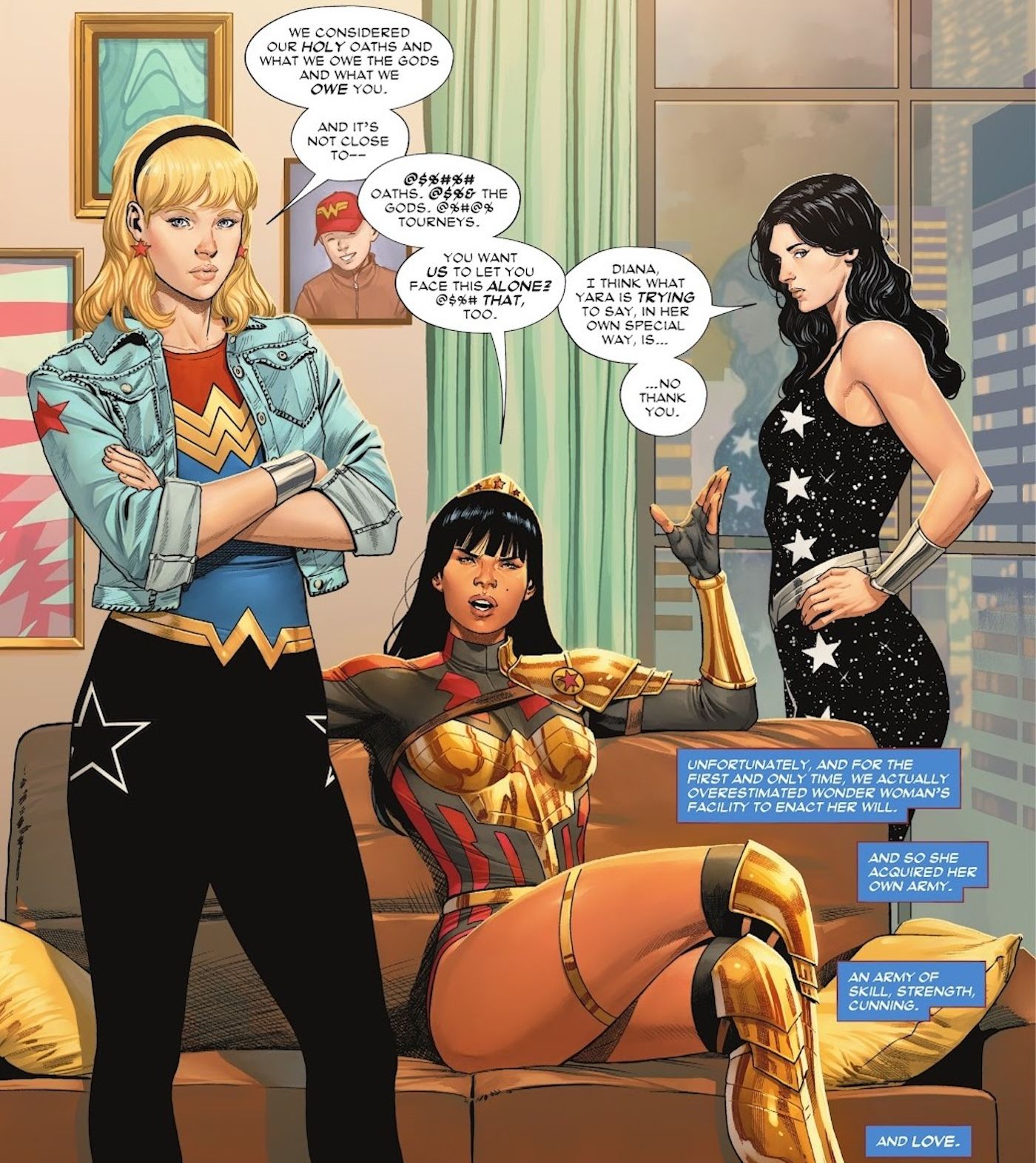 Comic book panel: Wonder Girls Cassie Sandsmark, Yara Flor, and Donna Troy confront Wonder Woman.