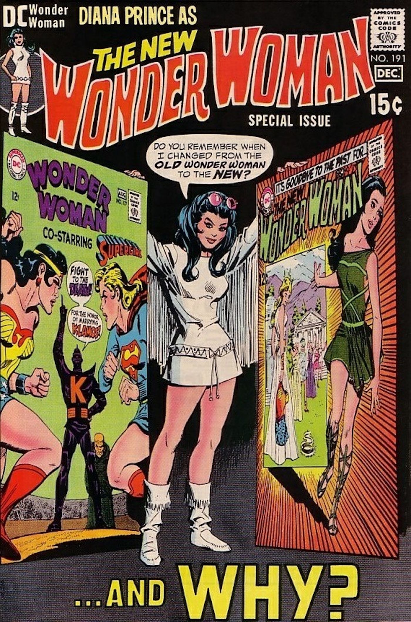 Wonder Woman 191 Sekowsky Cover: Diana in a white mod dress between two covers.