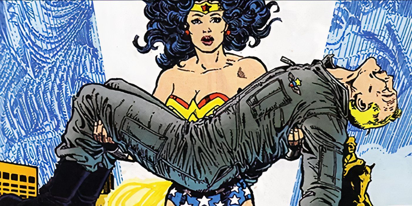 Wonder Woman holding Steve Trevor 