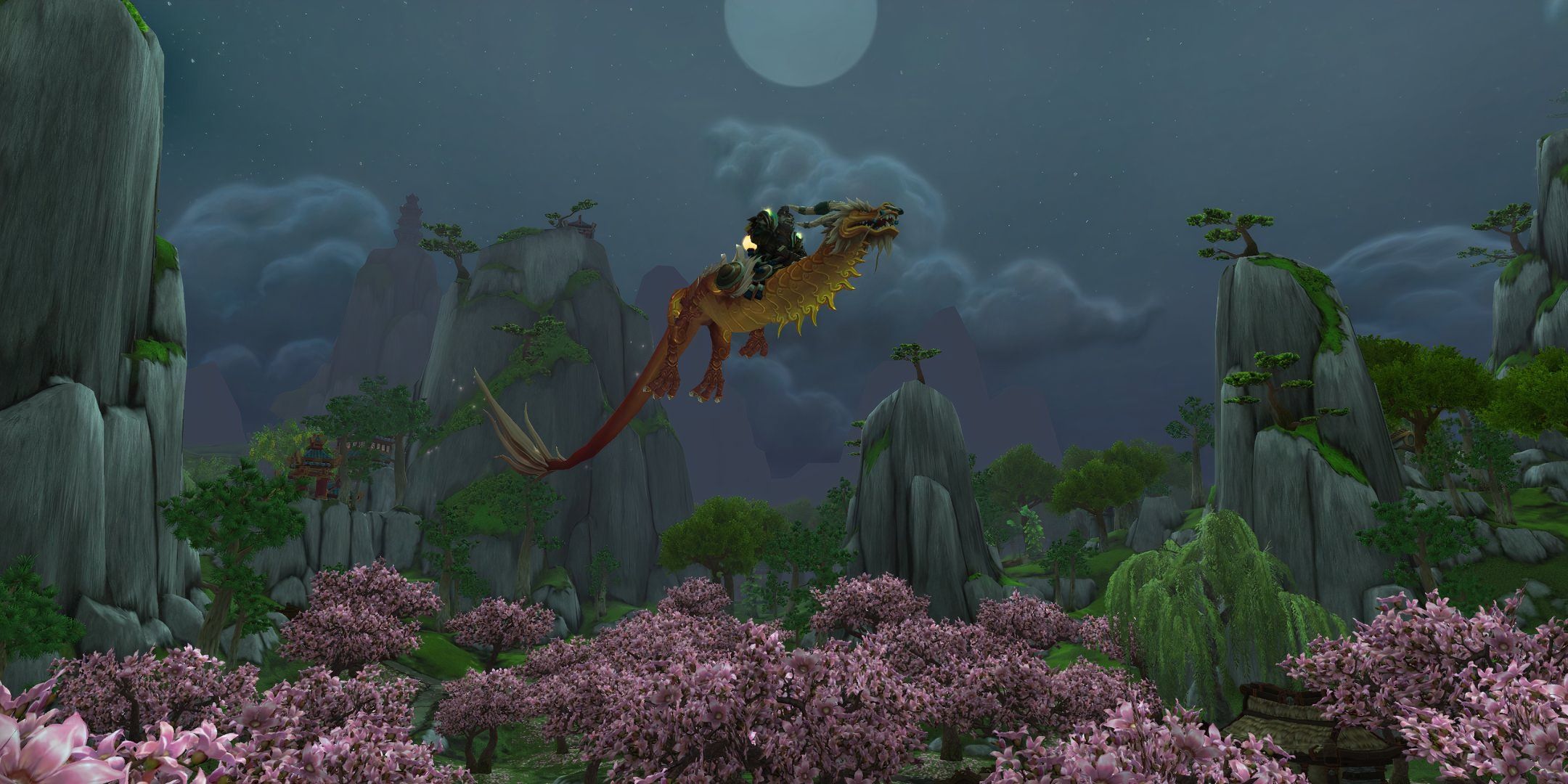 World of Warcraft Mists of Pandaria Remix player on a golden dragon serpent