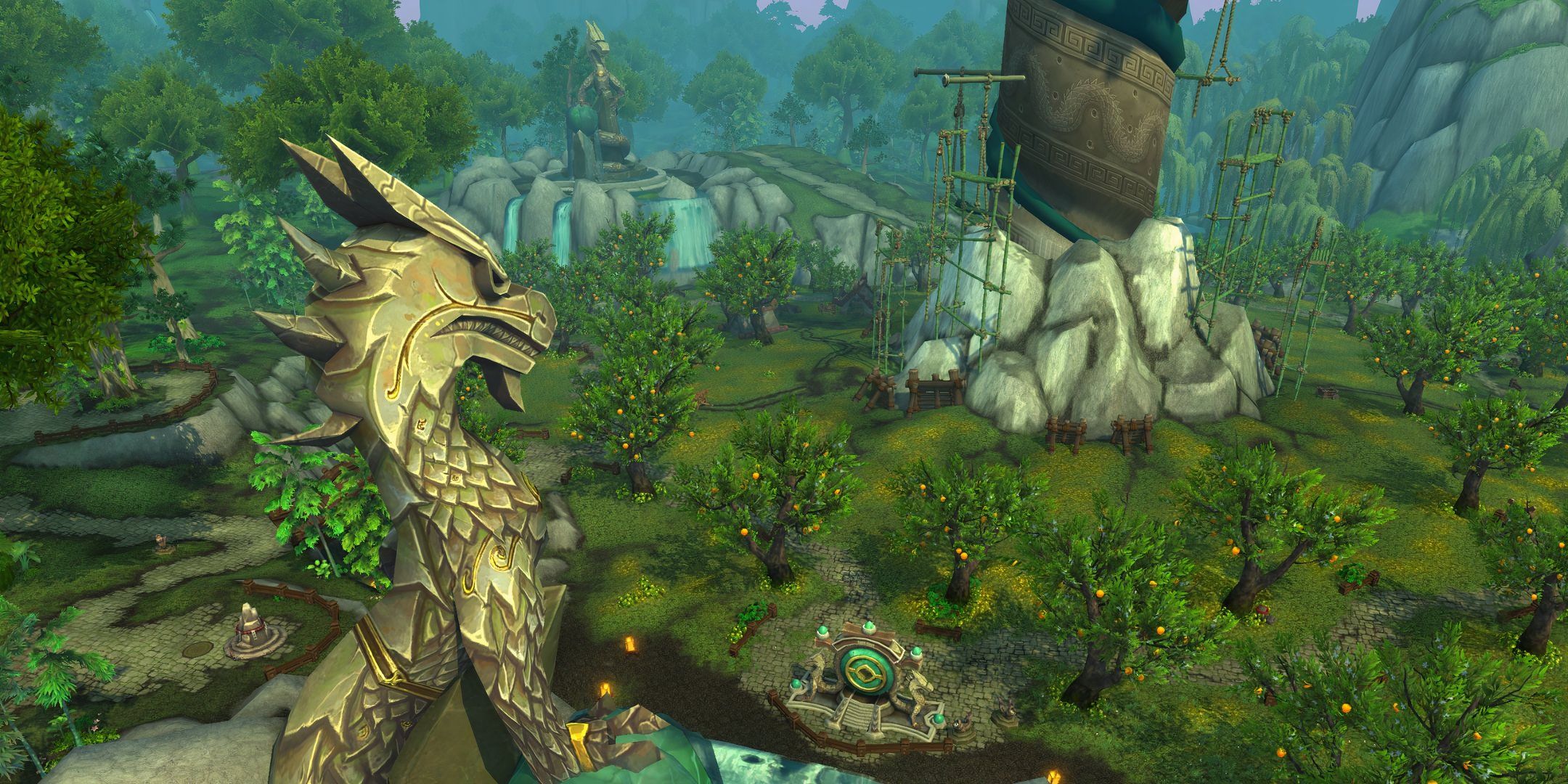 World of Warcraft Mists of Pandaria Remix with a statue overlooking a portal