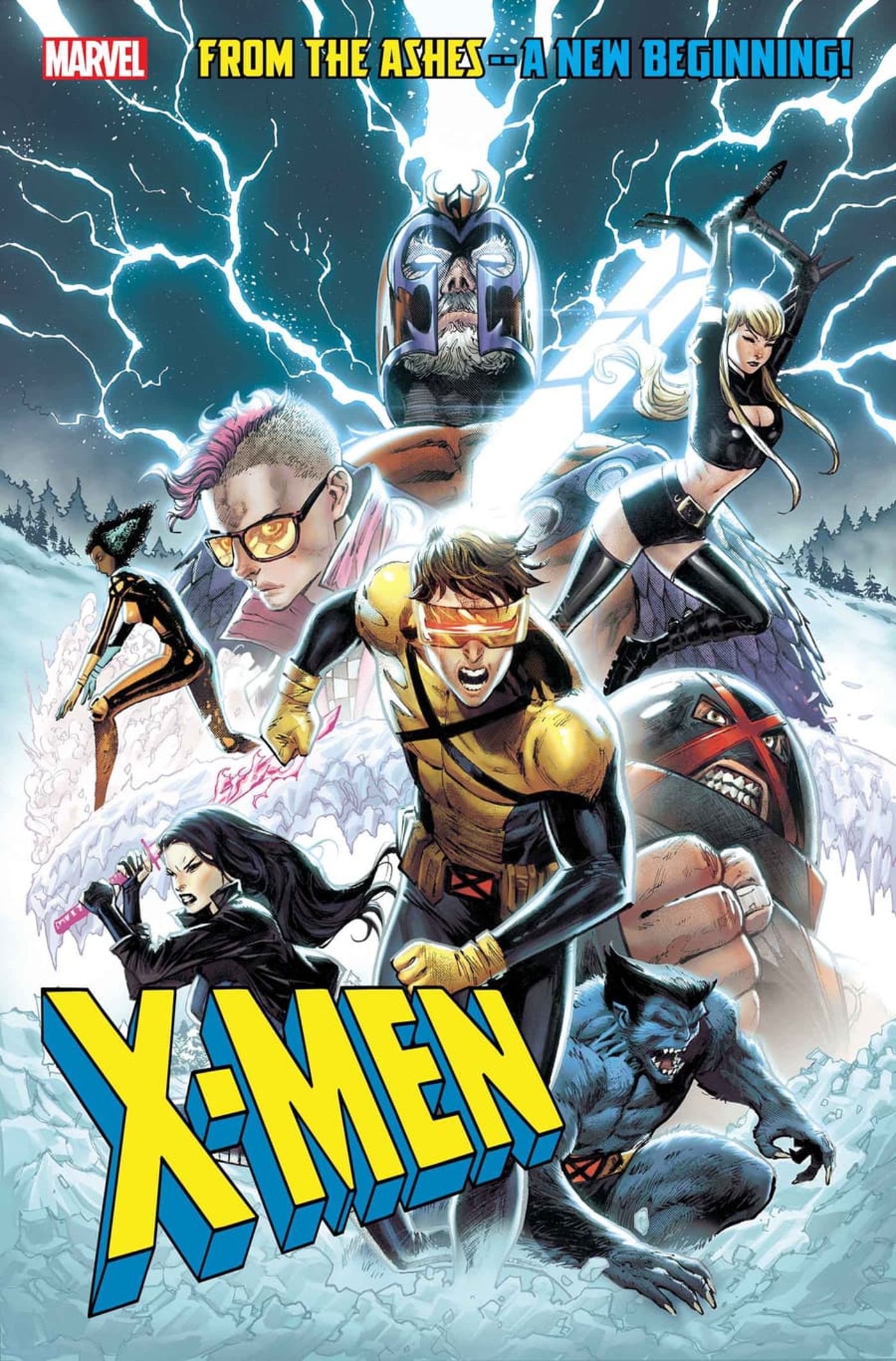 Magneto, Magik, Oya, Kid Omega, Psylocke, Jugernaut, Beast e Cyclops na capa de X-Men #1 2024. 