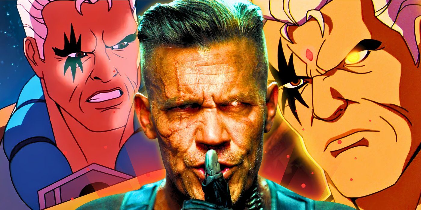 Cable from X-Men '97 (2024) either side of Josh Brolin putting his finger to his lips as Cable in Deadpool 2 (2018)