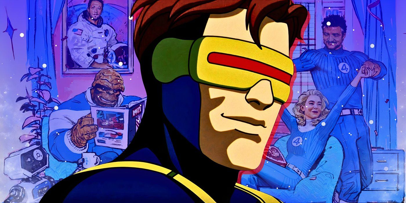 Cyclops smiling in X-Men '97 (2024) on top of promotional art for The Fantastic Four (2025)