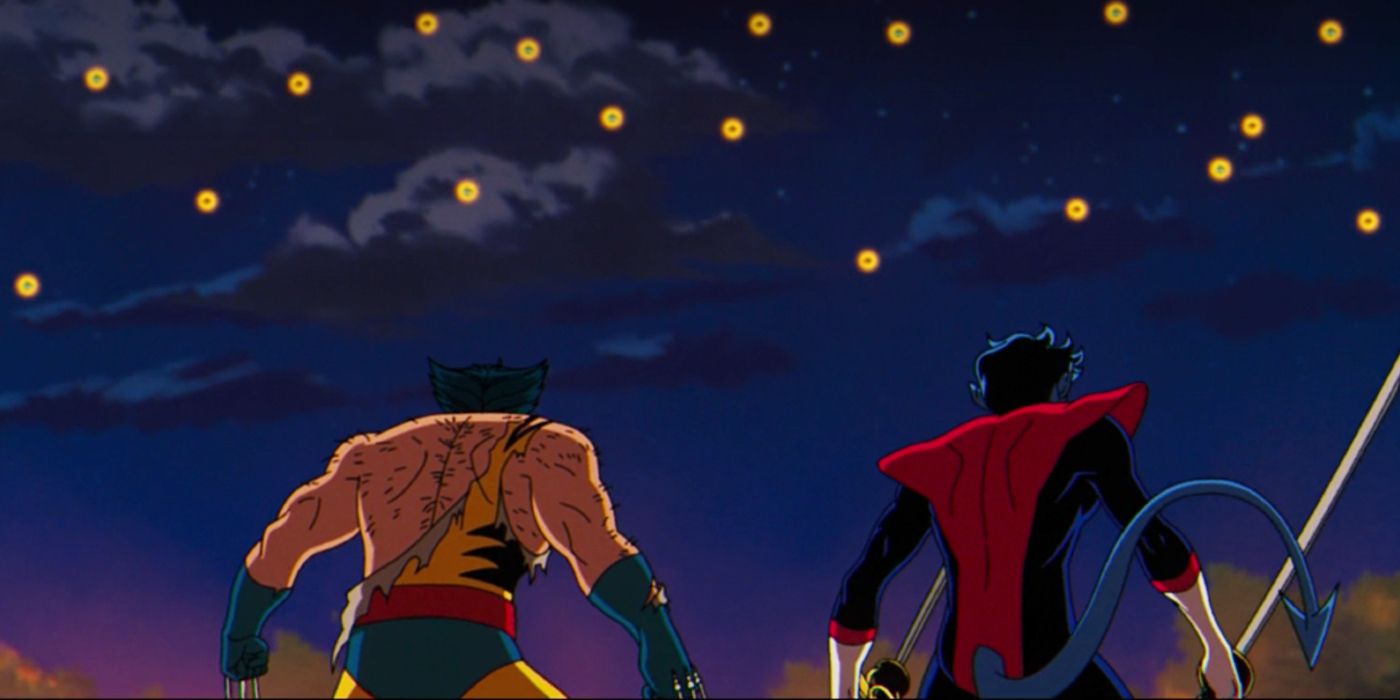 Cena do episódio 8 de X-Men 97 com Wolverine e Nightcrawler olhando para Prime Sentinels no céu