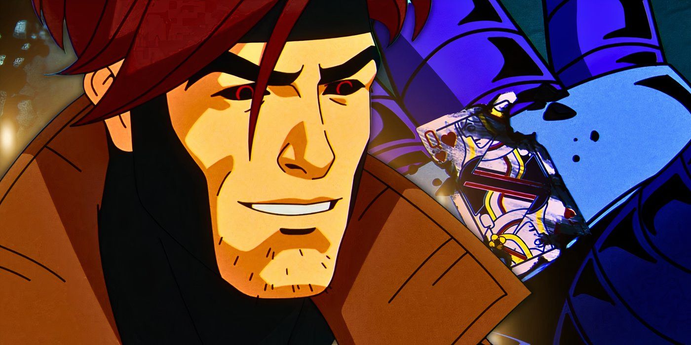 Custom image of Gambit smiling on a backdrop of Apocalypse holding his playing card in X-Men '97