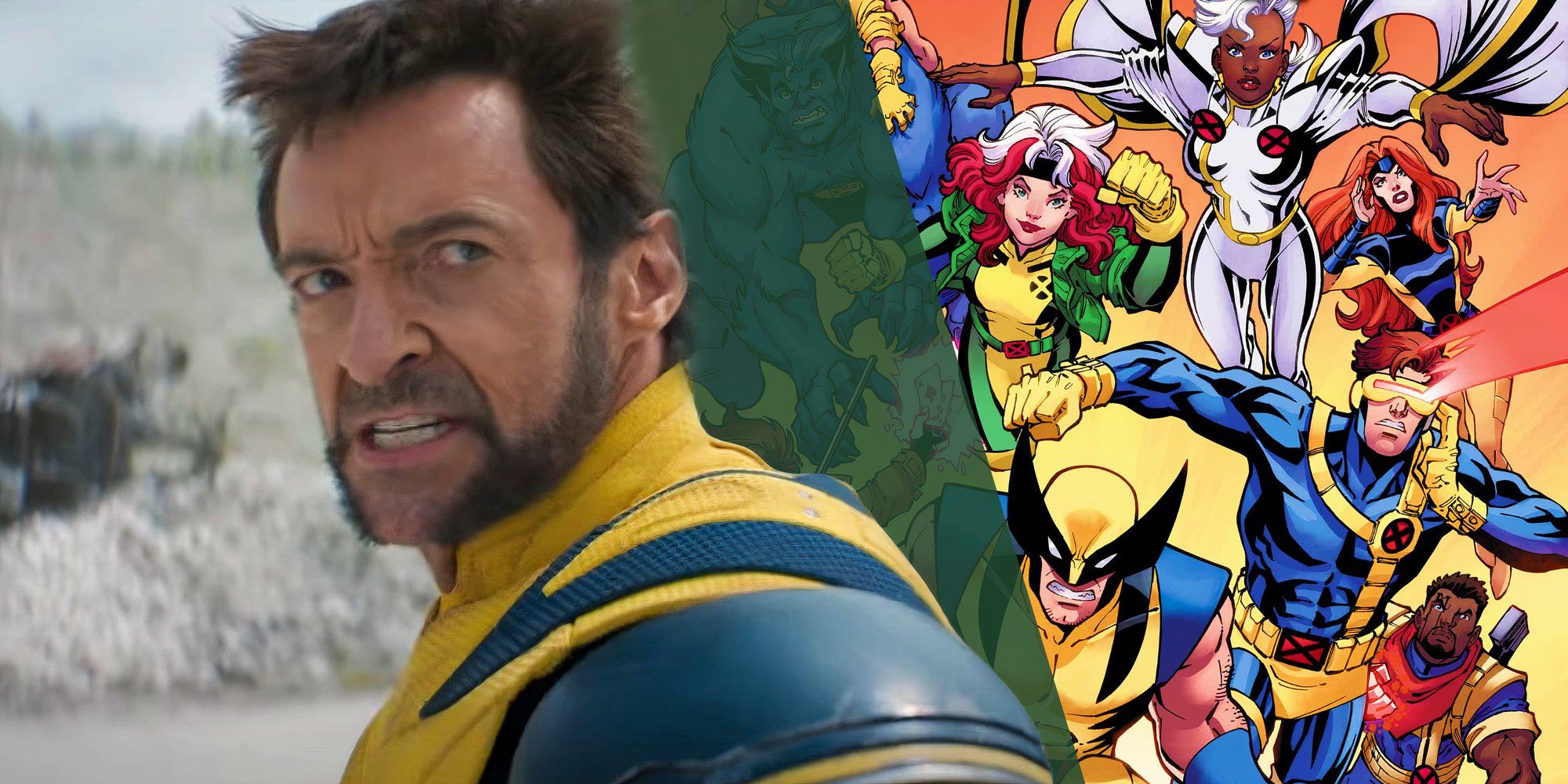 Hugh Jackman snarling as Logan in Deadpool & Wolverine (2024) next to the poster for X-Men '97 (2024)