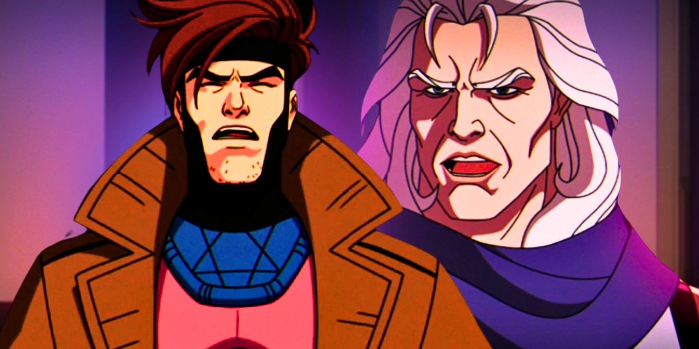 Split image of Gambit in pain and Magneto speaking in X-Men '97