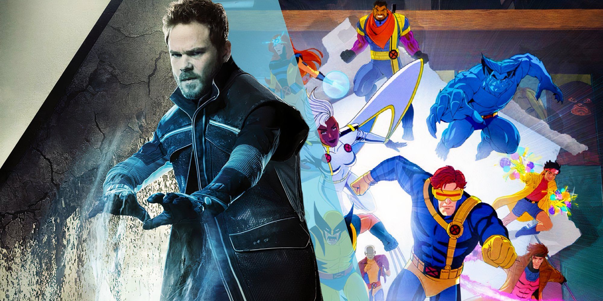 The poster for X-Men '97 (2024) next to Shawn Ashmore posing as Iceman in the poster for X-Men: Days of Future Past (2014)