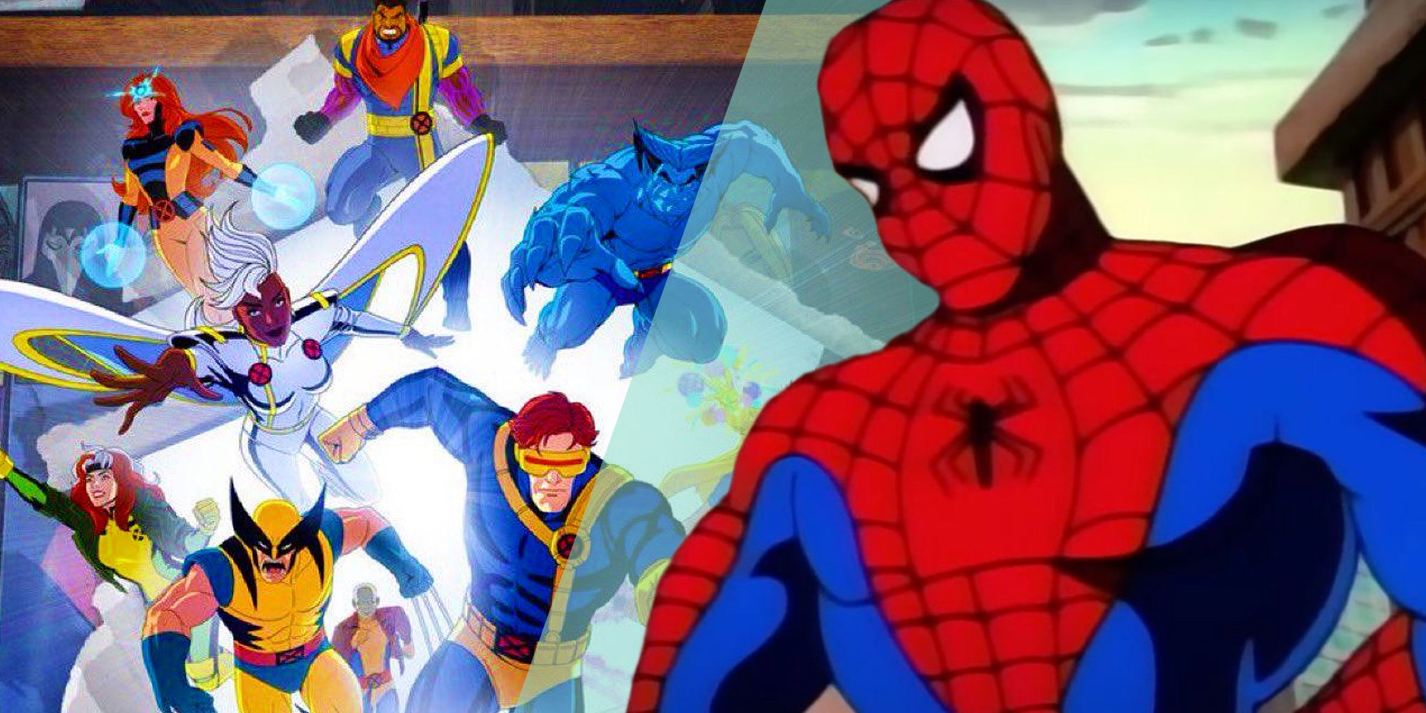 O pôster de X-Men '97 (2024) ao lado do Homem-Aranha visto em The Animated Series (1994)