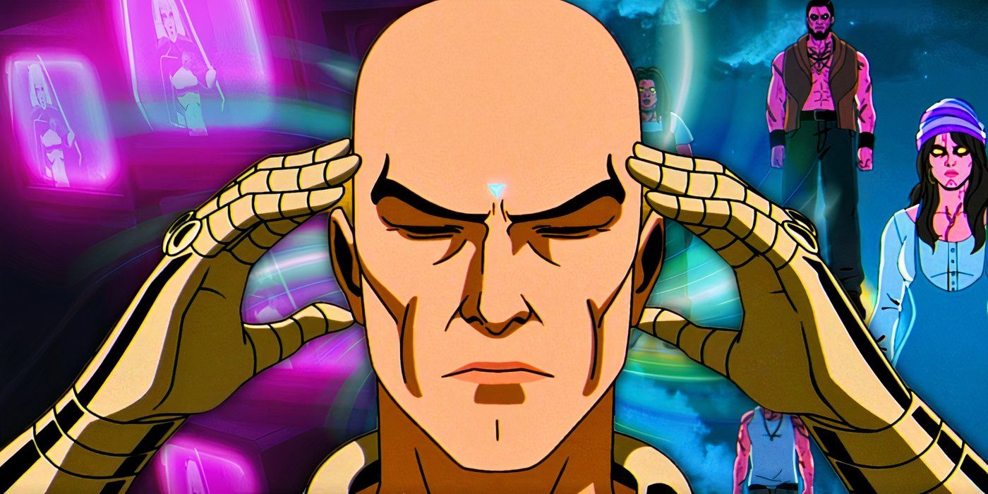 Custom image of Professor X using his powers on a backdrop of sentinels and screens in X-Men '97