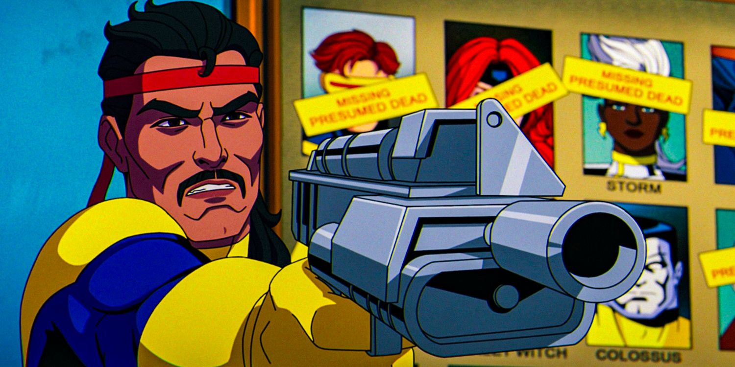 Forge aiming a weapon, a board of missing mutants in the background in X-Men '97 season 1 episode 10