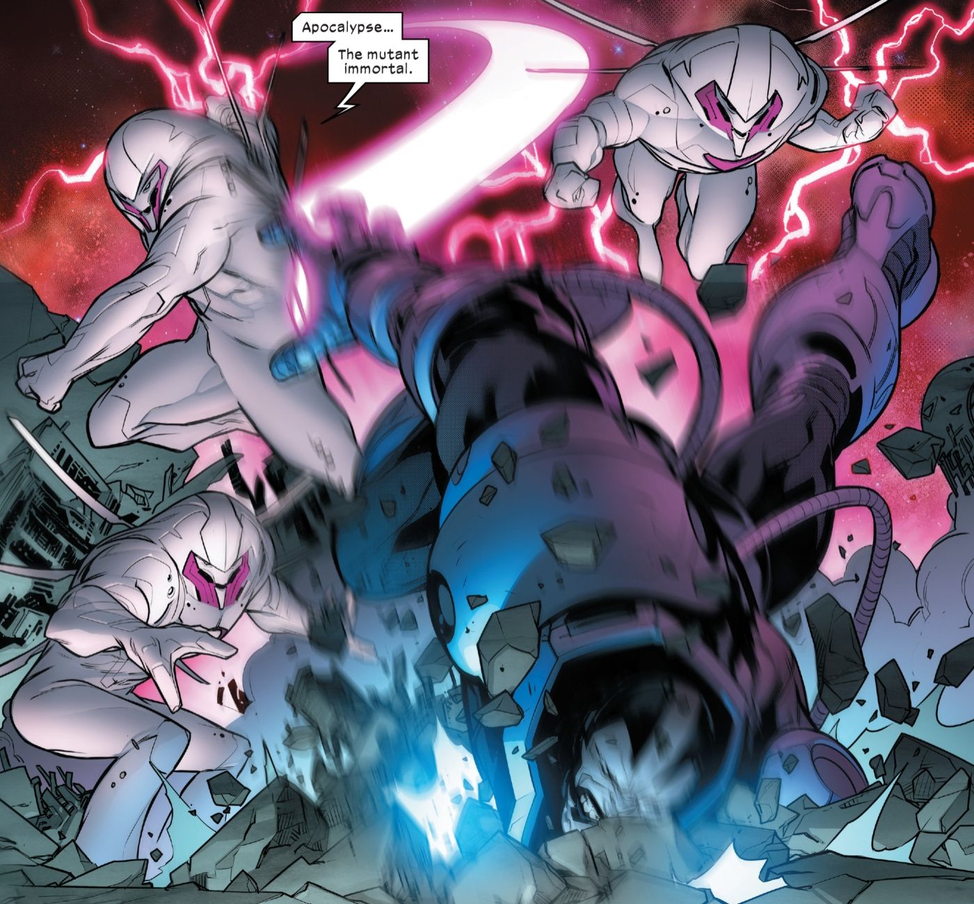 Nimrod dos X-Men derrotando Apocalipse. 