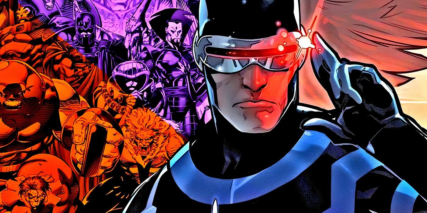 X-Men's Cyclops with a collage of villains behind him.