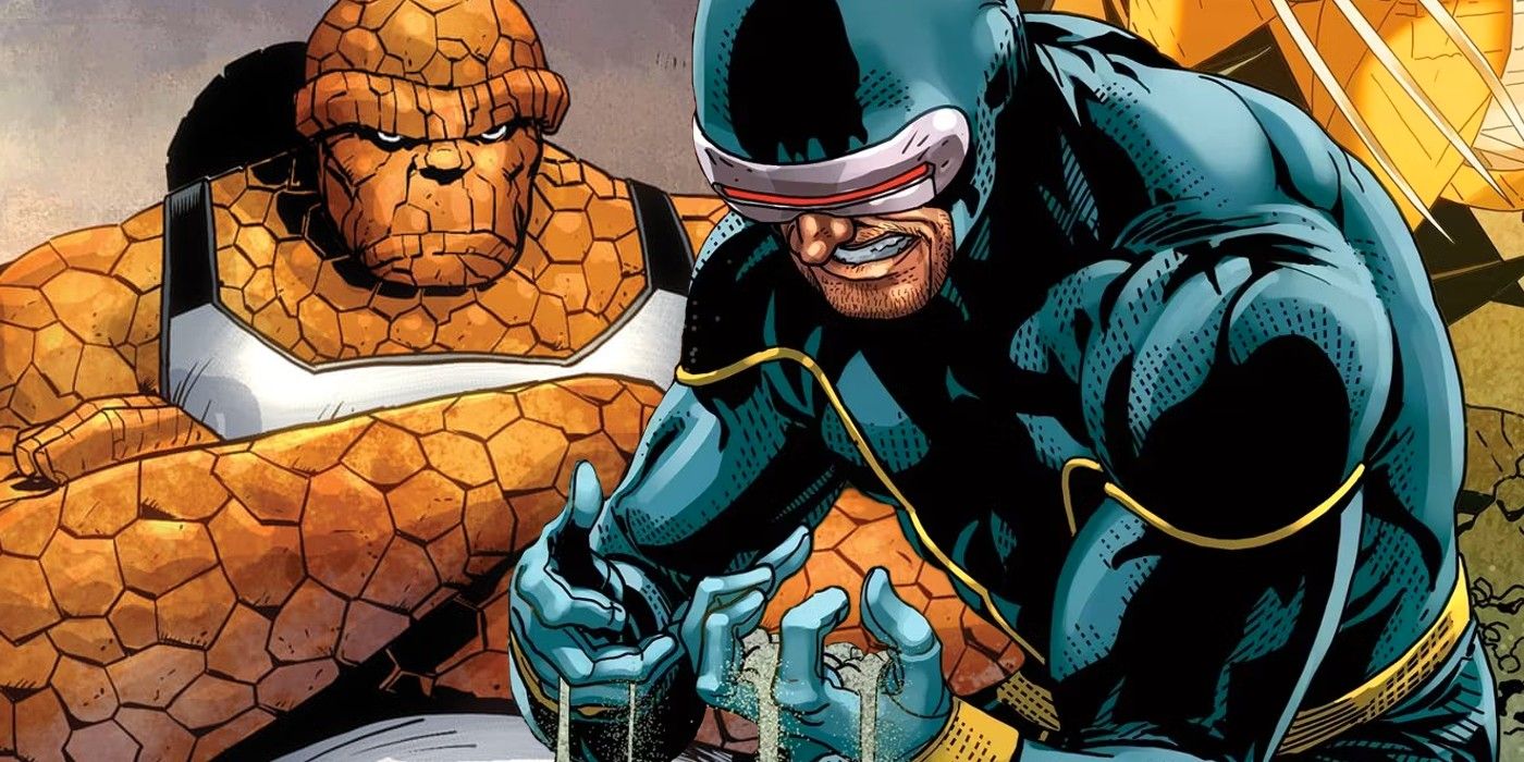 x-men's cyclops and fantastic four's thing looking sad and angry