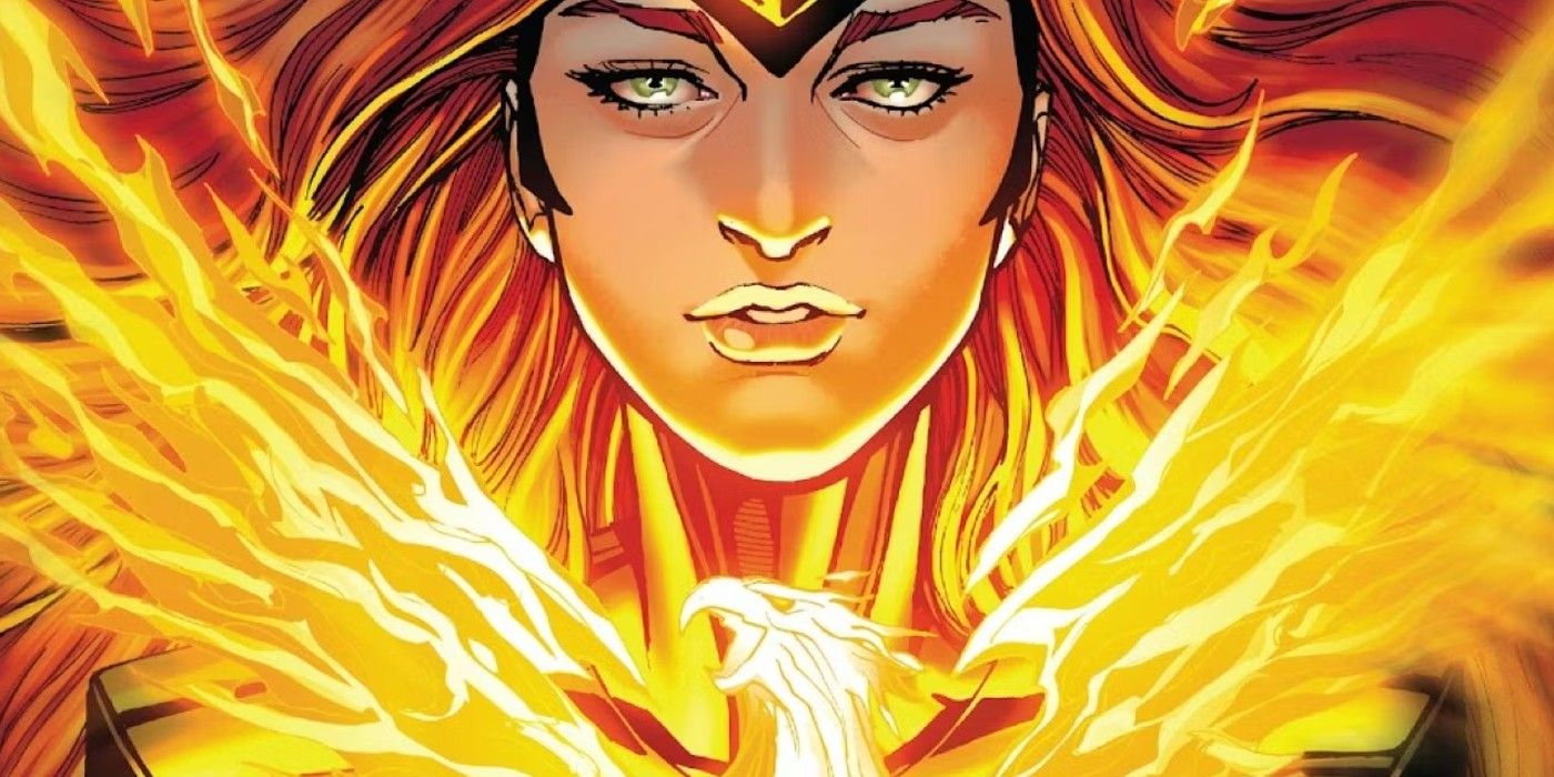 Jean Grey with a flaming Phoenix rising in front of her.