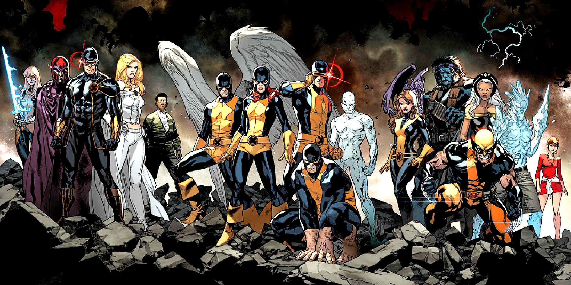 Equipes de X-Men em diferentes épocas na arte da Marvel Comics