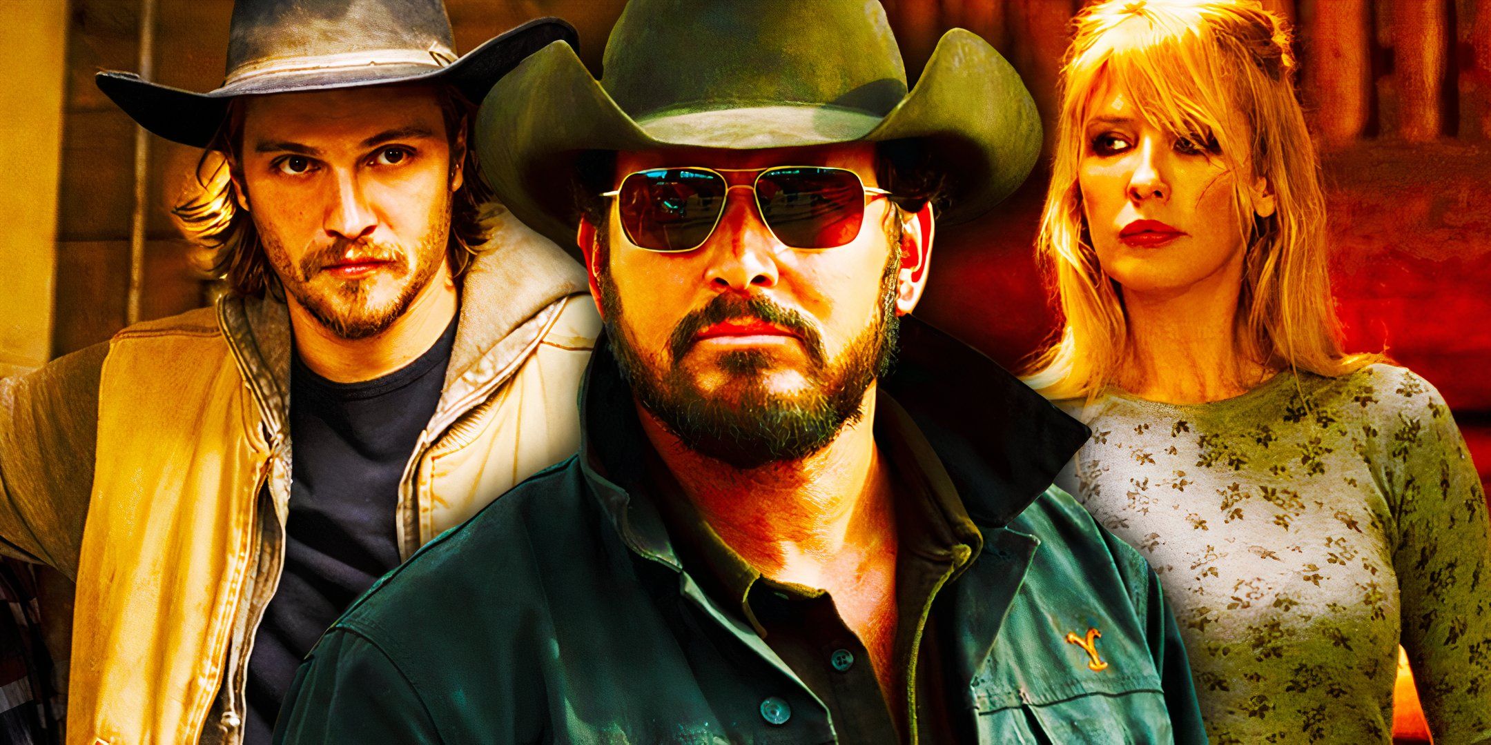 Cole Hauser as Rip Wheeler, Kelly Reilly as Beth Dutton, and Luke Grimes as Kayce Dutton in Yellowstone.