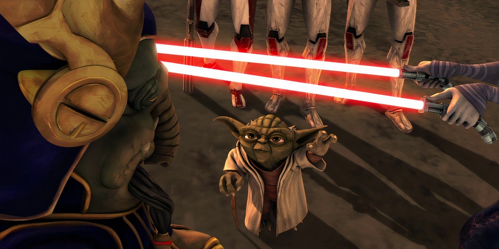 Yoda mantém os sabres de luz de Asajj Ventress no lugar usando a estase da Força enquanto fala com o Rei Katuunko em Star Wars: The Clone Wars, temporada 1, episódio 1