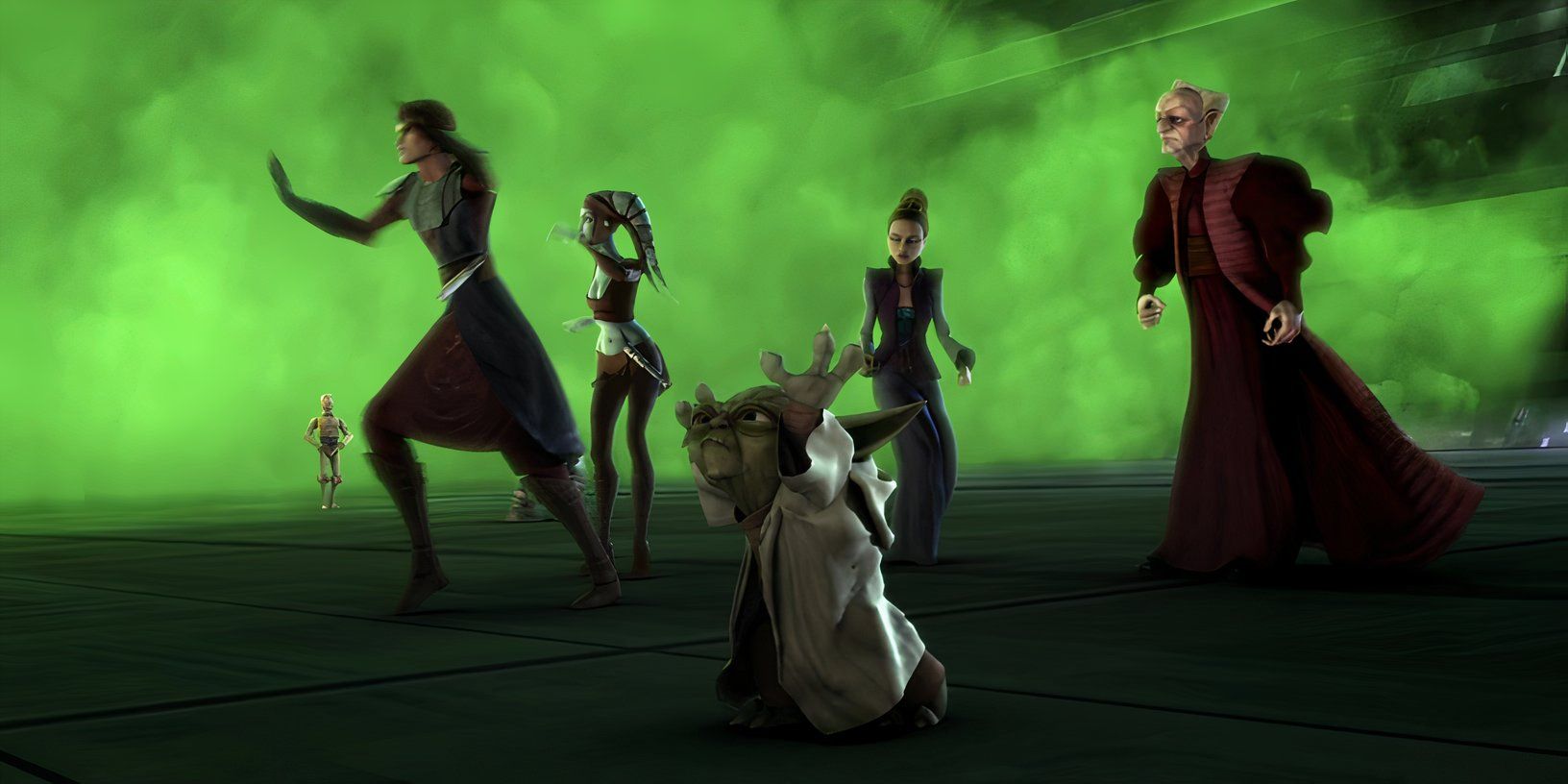 Yoda, Anakin Skywalker, and Aayla Secura use Force barrier to hold back a cloud of poisonous gas and protect Padme Amidala and Chancellor Palpatine during the Zillo Beast arc of Star Wars: The Clone Wars