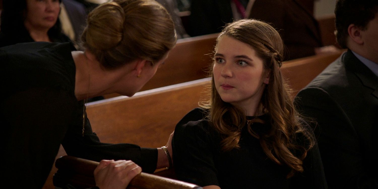 At George's funeral, Mary touches Missy (Raegan Revord) and says something to her in Young Sheldon season 7 episode 13