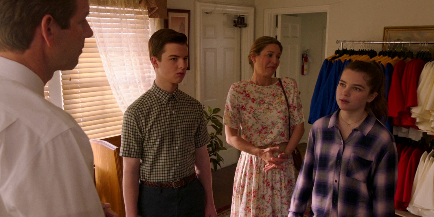 Missy (Raegan Revord)) and Sheldon (Iain Armitage) in church ready for their baptism, with Mary Cooper (Zoe Perry) behind them in Young Sheldon season 7 episode 14 (FINALE)