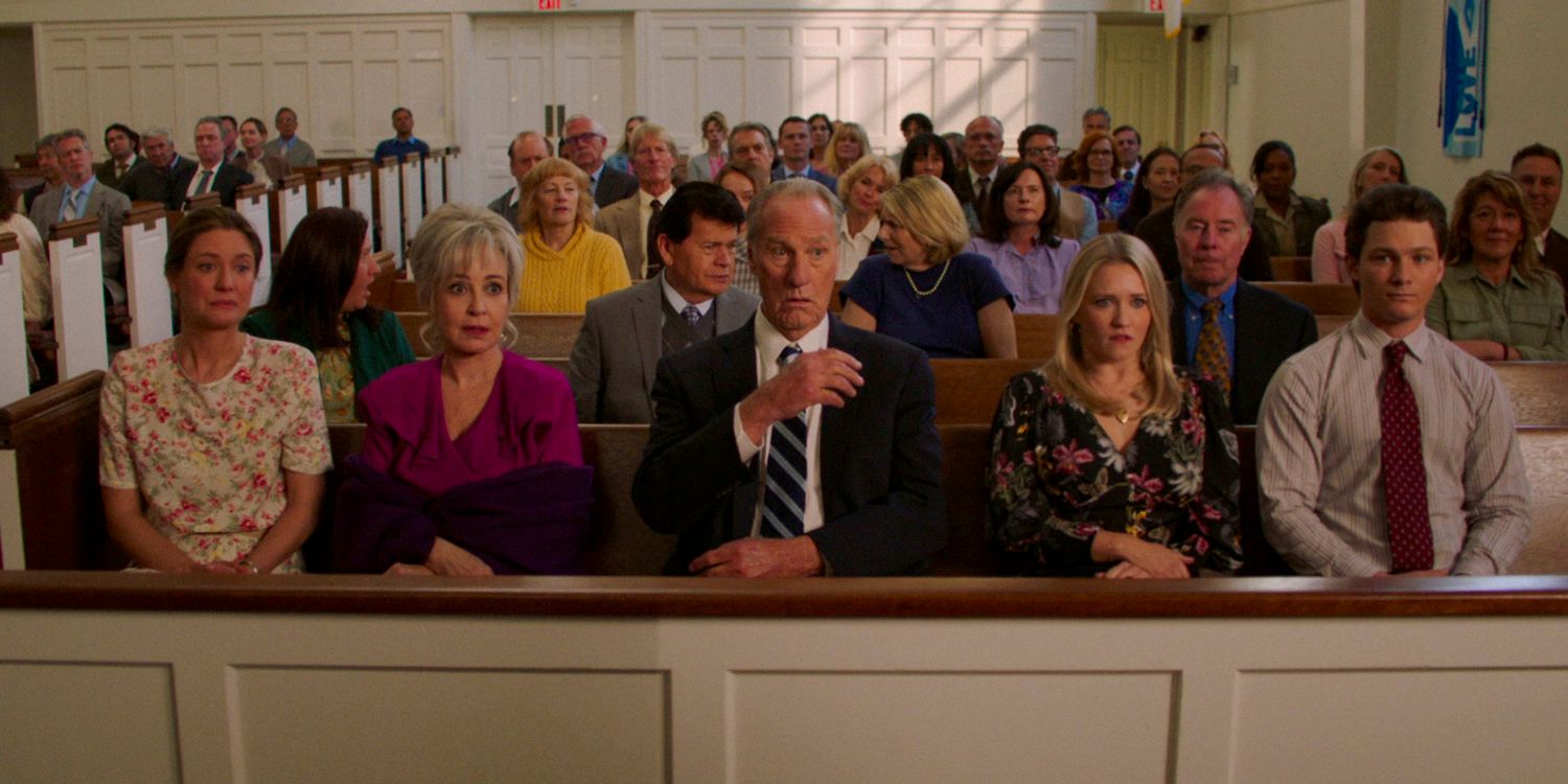 Mary Cooper (Zoe Perry), Meemaw (Annie Potts), Dale (Craig T. Nelson), Mandy McAllister (Emily Osment), and Georgie (Montana Jordan) at church for Sheldon's baptism in Young Sheldon season 7 episode 14 (FINALE)