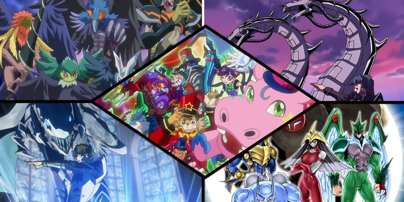 A collage of some of Yu-Gi-Oh! best decks from the anime: Blackwings (top left), Blue-Eyes (bottom left), Cyber Dragons (top right), Heroes (bottom right), Performapal (center)