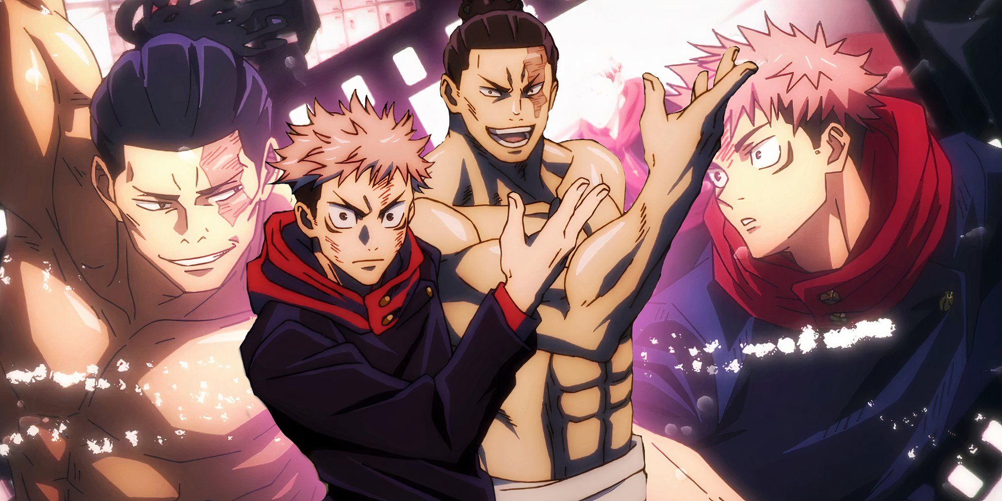 Yuji and todo in jujutsu kaisen standing back to back with one hand raised each and with yuji and choso mid fight in the background as seen in the anime