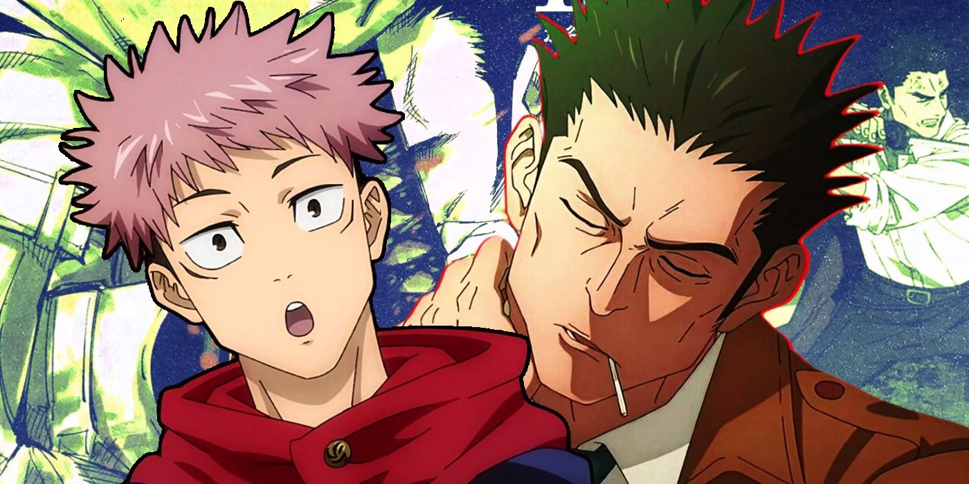 yuji looking surprised in jujutsu kaisen with kusakabe behind him with his eyes closed and his head tilted to one side
