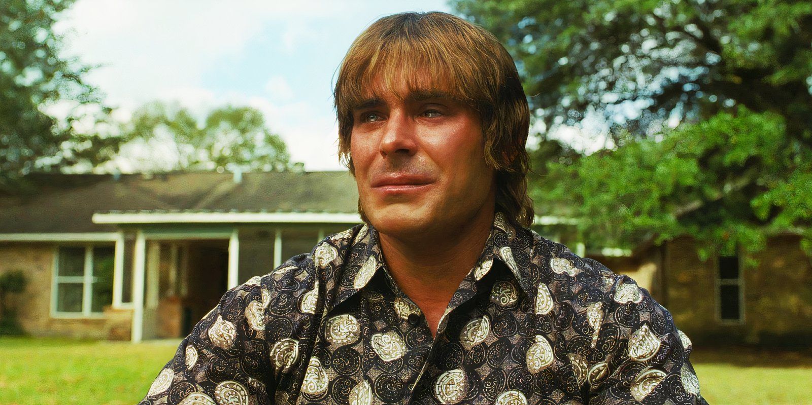 Zac Efron crying as Kevin Von Erich in The Iron Claw