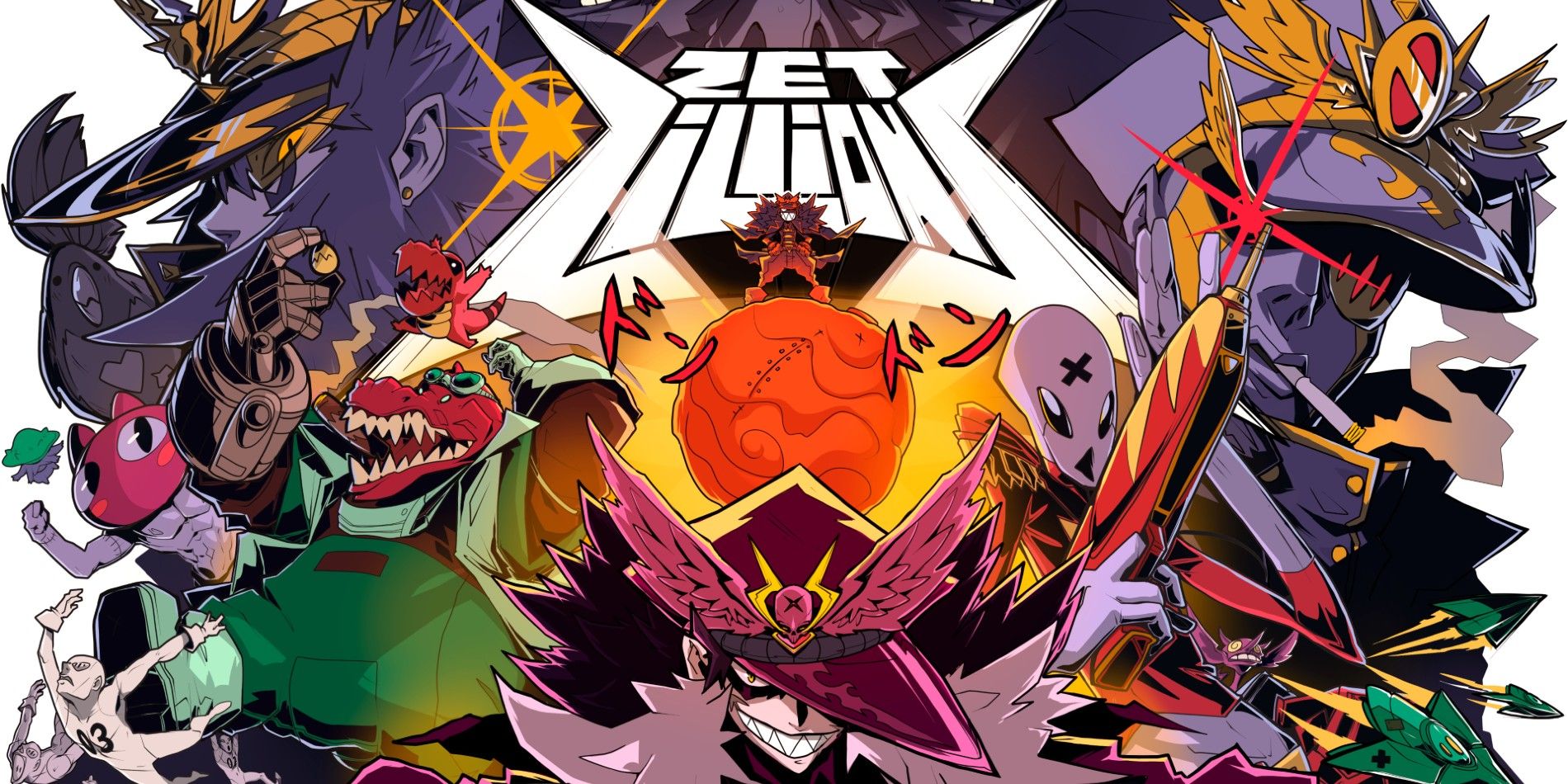Zet Zillions key art showing a red planet in the middle of a group of aliens, with character Foam Gun in a military style pink cap and text that says Zet Zillions in the top middle.