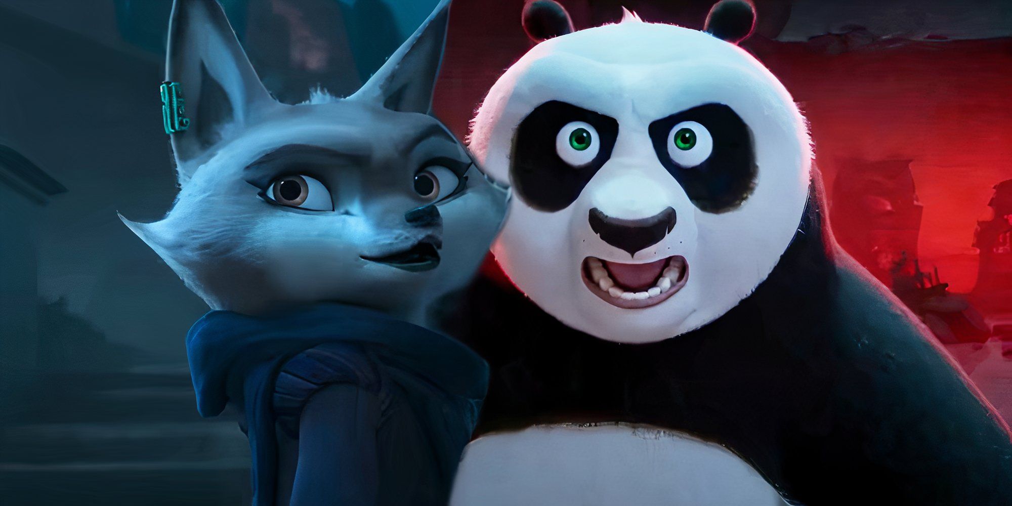 Zhen looking over her shoulder next to Po getting ready to fight in in the Kung Fu Panda 4