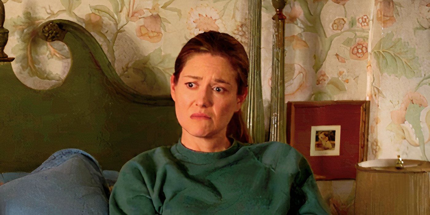Zoe Perry's Mary looks perturbed on a bed in Young Sheldon season 7 episode 13