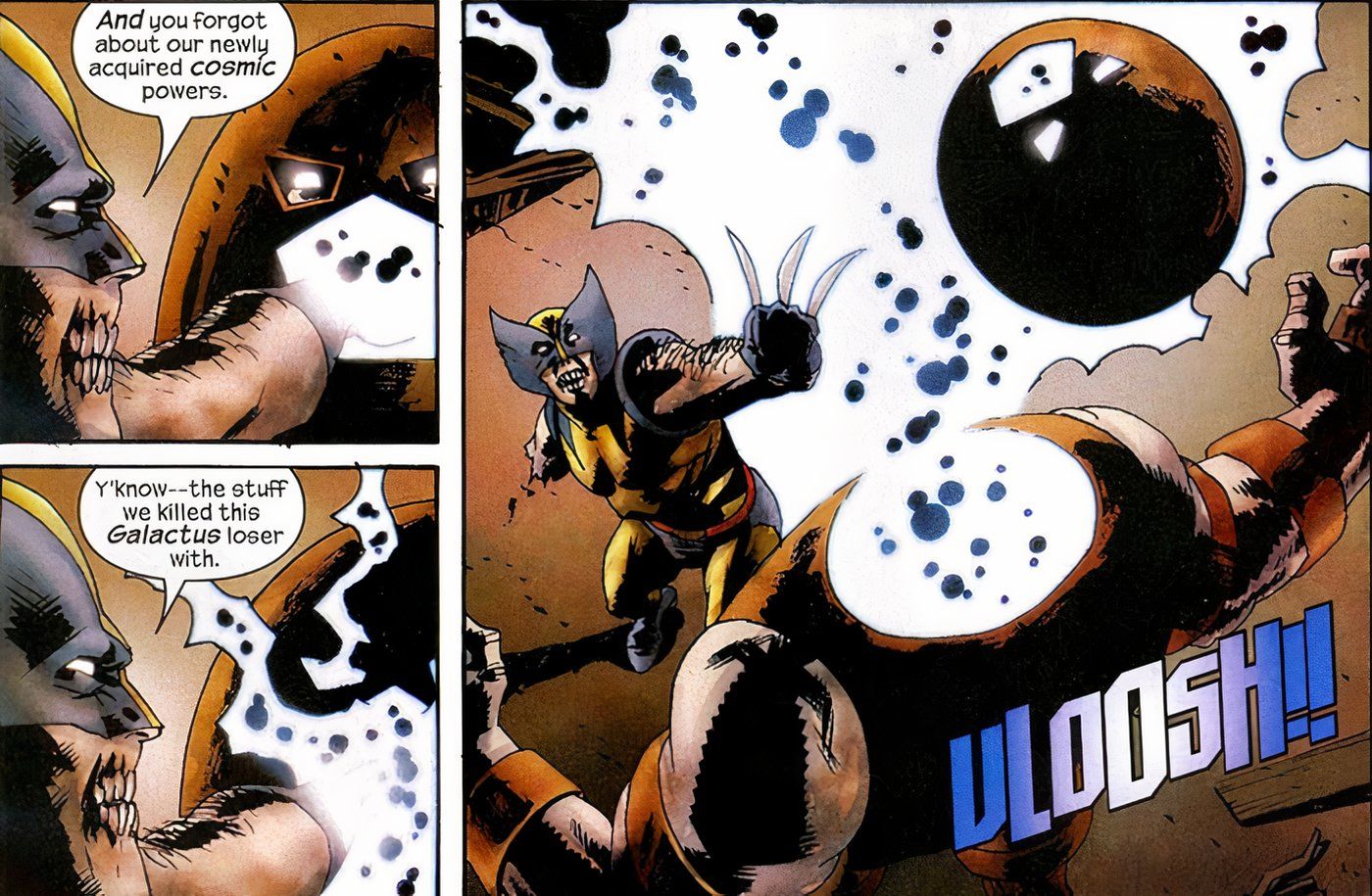 Zombie Wolverine usando o Power Cosmic para matar Juggernaut.