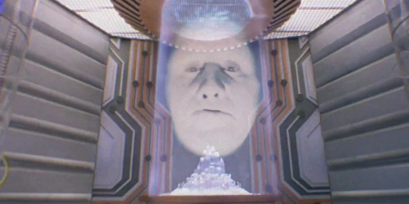 Live-action Zordon in his containment chamber, with in the Rangers Command Center.