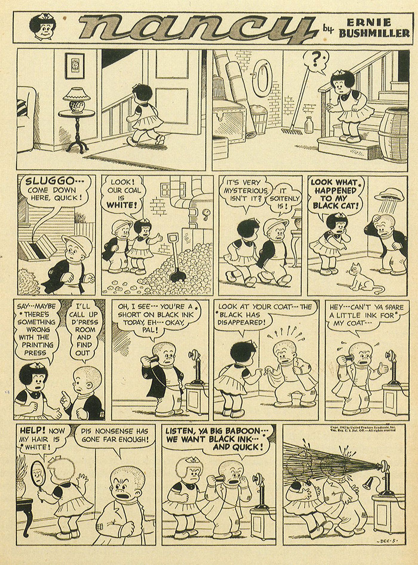 A black and white comic of Nancy and Sluggo, where things that are supposed to be colored black are now white. Sluggo gets on the phone and demands black ink.